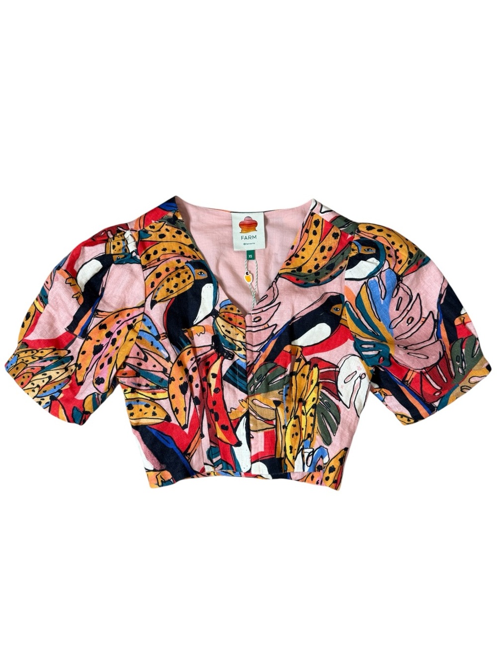 Farm Rio Linen Puff Sleeve Crop Top Size XS Toucan Print Tropical Resortwear NWT